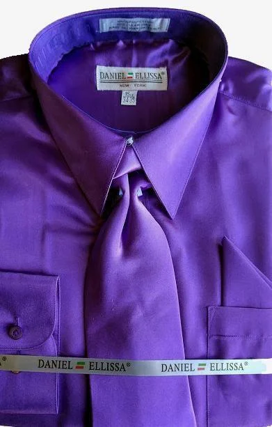 Cozy Knits Purple Satin Dress Shirt Set with Matching Tie & Pocket Square