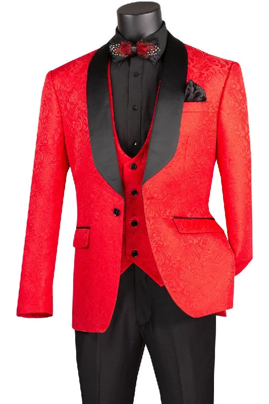 Comfortable And Versatile Red Jaquard Three Piece Slim Fit Tuxedo
