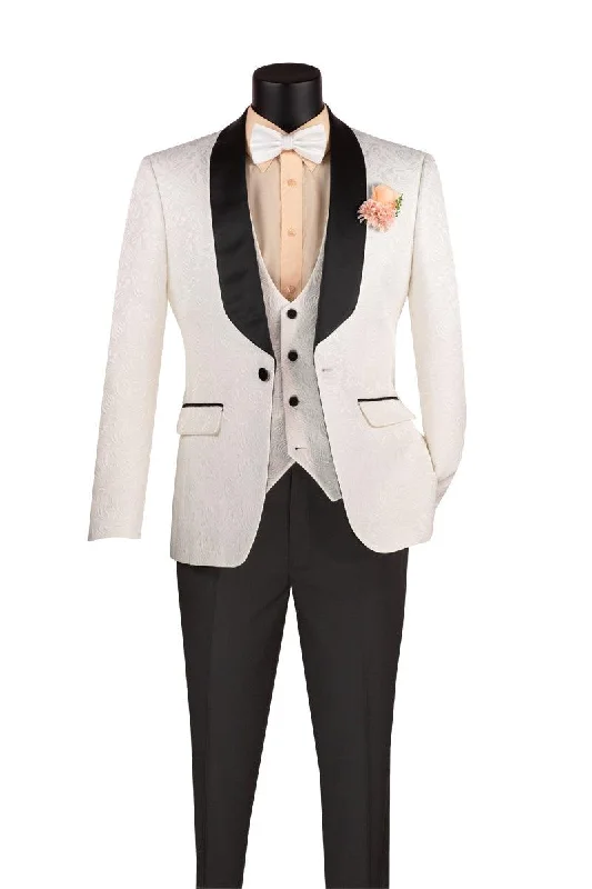Street Charm White Jaquard Three Piece Slim Fit Tuxedo