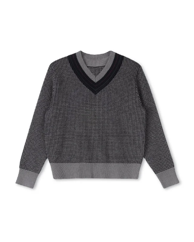 British Style Checked Houndstooth Striped Trimming Sweater