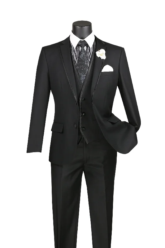High-end Sense Black Trimmed Lapel Slim Fit 3 Piece Suit