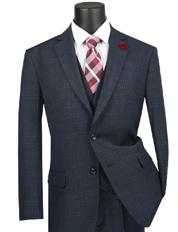 Comfortable Fashion Looks Vinca Collection- Navy Glen Plaid Three Piece Suit Regular Fit