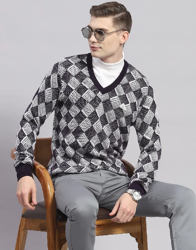 Summer Selection Men Navy Blue Self Design V Neck Full Sleeve Pullover
