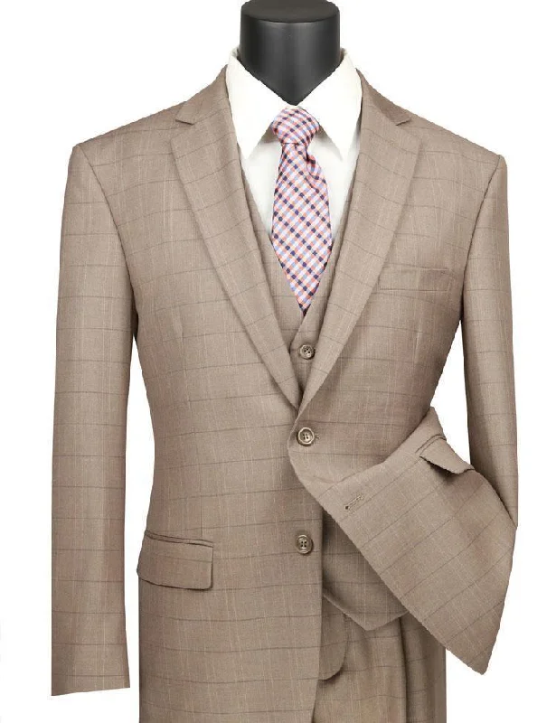 Sporty Comfort Vinca Collection- Tan Glen Plaid Three Piece Suit Regular Fit