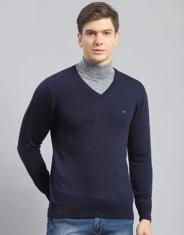 Sweet Breath Men Navy Blue Solid V Neck Full Sleeve Pullover