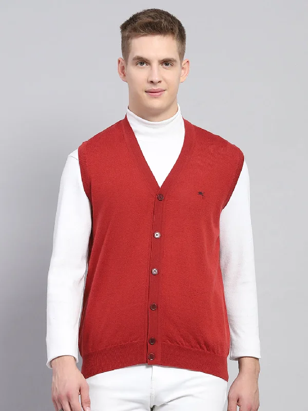 Urban Style Men Red Solid V Neck Sleeveless Cardigan