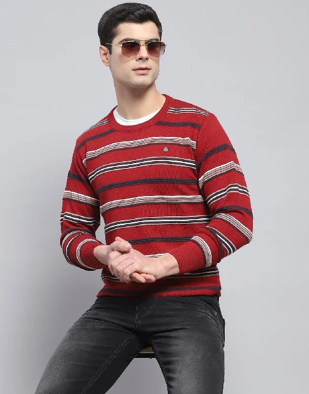 Fresh Wear Men Red Stripe Round Neck Full Sleeve Pullover