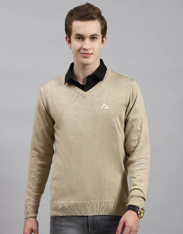 Windbreaker fashion Men Camel Brown Solid V Neck Full Sleeve Pullover