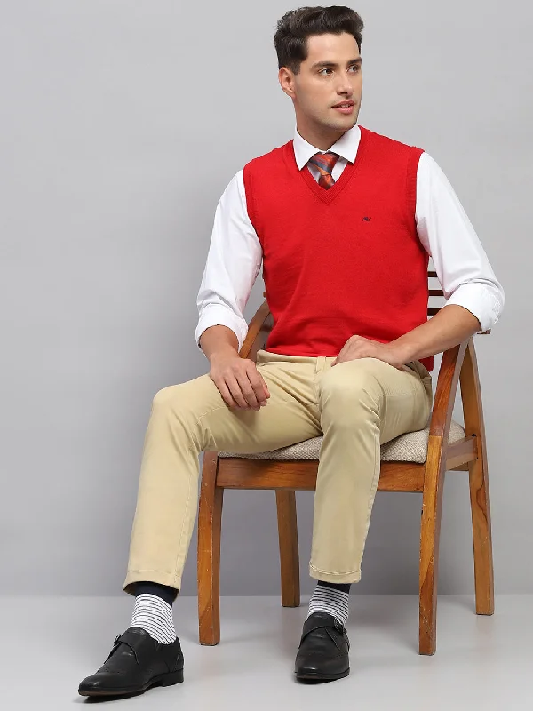 Comfortable Fashion Men Red Solid V Neck Sleeveless Sweater