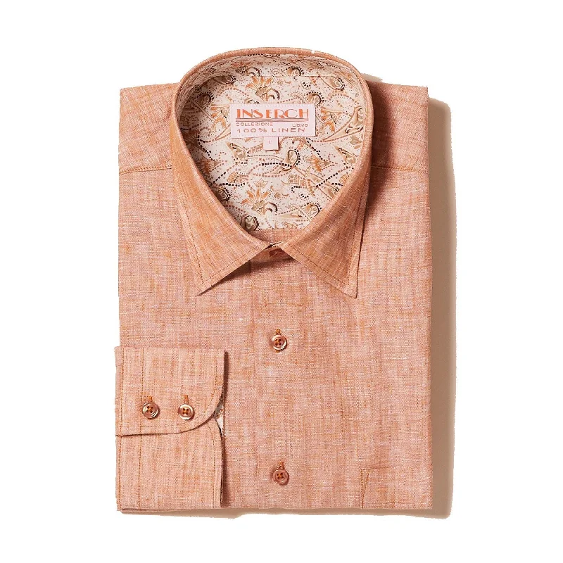 Comfortable Fashion Long Sleeve Premium 100% Linen Yarn-Dye Solid Camel Shirt