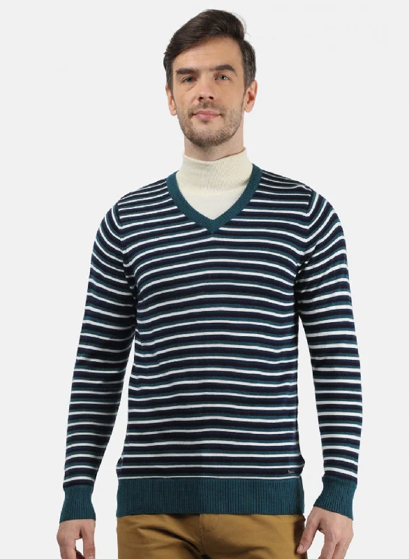 Sporty Elegance Men Sea Green & NAvy Solid Pullover