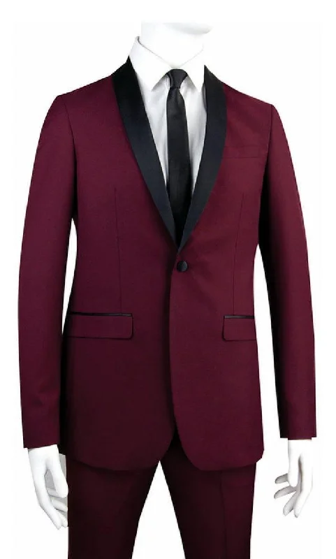 Elegant Style Burgundy Tuxedo Slim Fit with Narrow Black Shawl Lapel & Burgundy Pants
