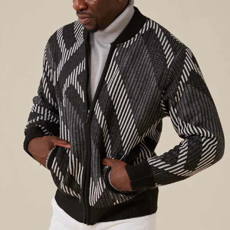 Cozy Street Style Inserch "MLB" Zip Sweater (Black/White/Gray)