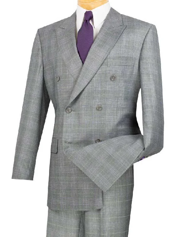 Cool Summer Executive Double Breasted Regular Fit Glen Plaid Suit - Color Grey
