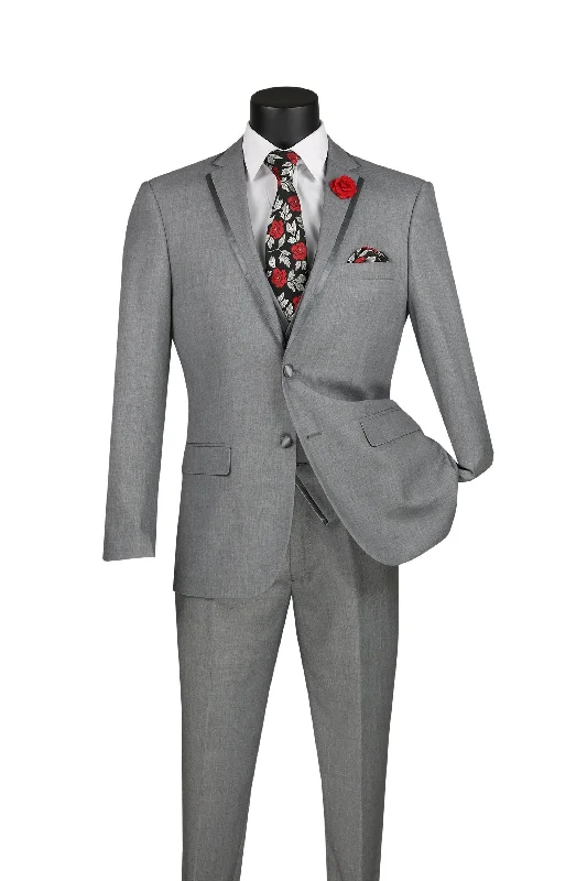 Sweet Breath Light Gray Trimmed Lapel Slim Fit 3 Piece Suit