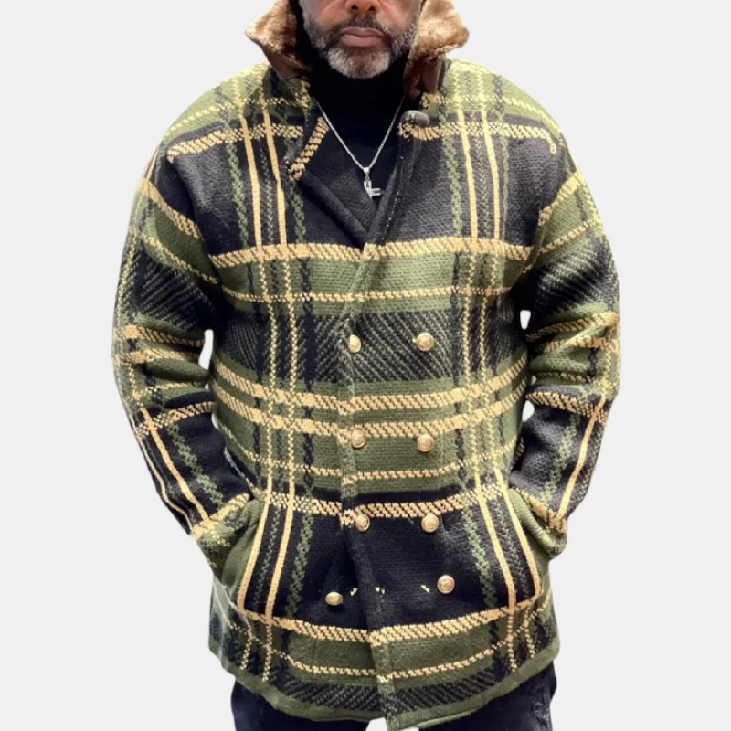 Design Perception LCR Cardigan Plaid w/Fur Collar (Olive/Black)