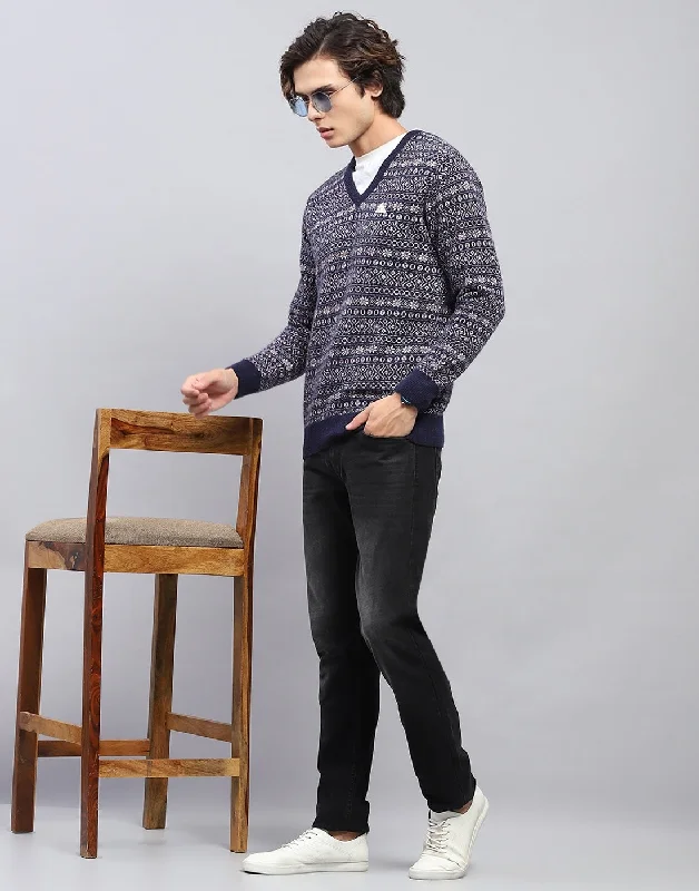Soft Trends Men Navy Blue Self Design V Neck Full Sleeve Pullover