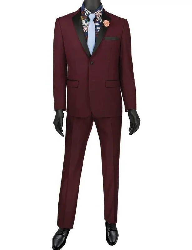 Relaxed Weekend Wear Ultra Slim Fit Burgundy with Black Lapel 2 Piece Tuxedo