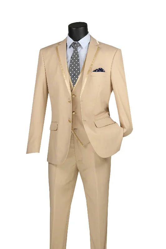 Economic Outlook Beige Trimmed Lapel Slim Fit 3 Piece Suit
