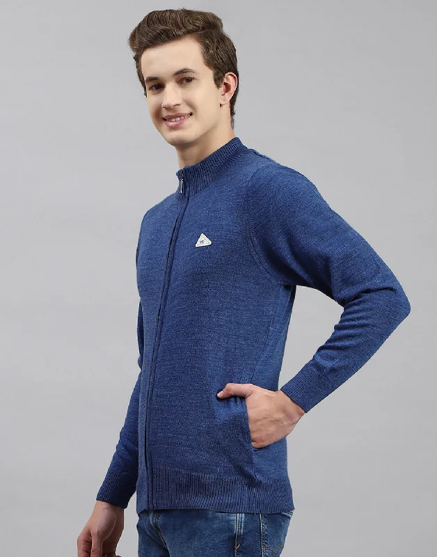High-end Customization Men Blue Solid Stand Collar Full Sleeve Pullover