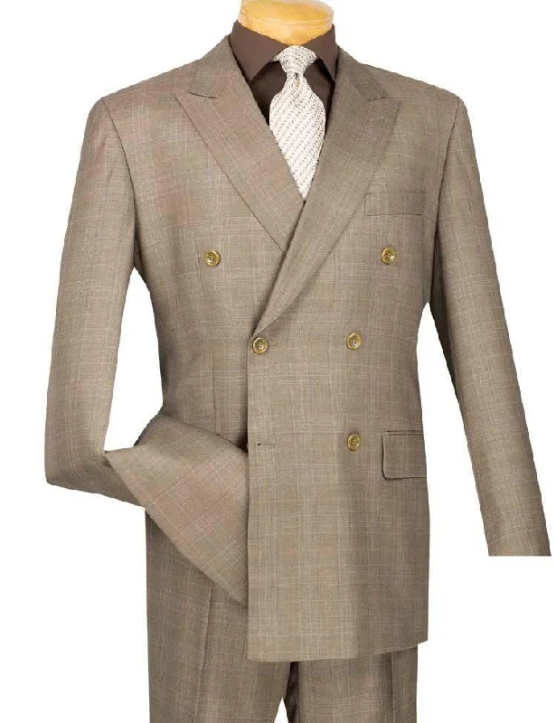 Innovative Design Executive Double Breasted Regular Fit Glen Plaid Suit - Color Tan