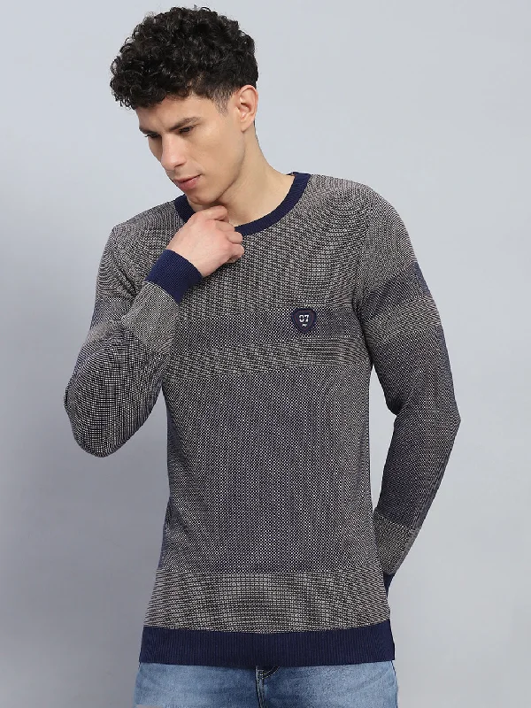 Classic Retro Men Blue Self Design Round Neck Full Sleeve Pullover