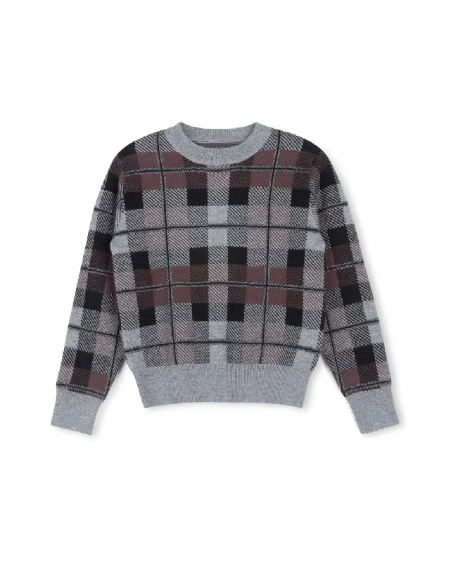 Cozy Fit Plaid Crew Neck Knit Sweater