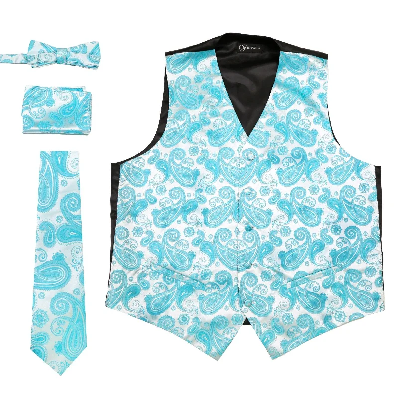 Feminine Charm Ferrecci Mens Turquoise Paisley Wedding Prom Grad Choir Band 4pc Vest Set