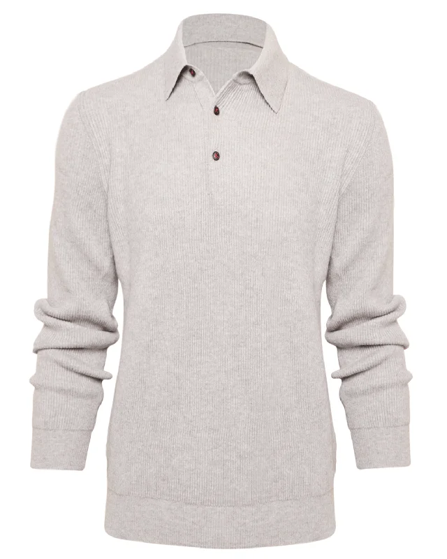 Slightly Flared Design Grey Ribbed Cashmere Polo Sweater