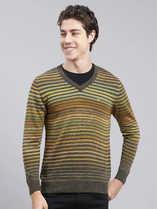 Bottom And Versatile Men Green Stripe Wool blend Pullover