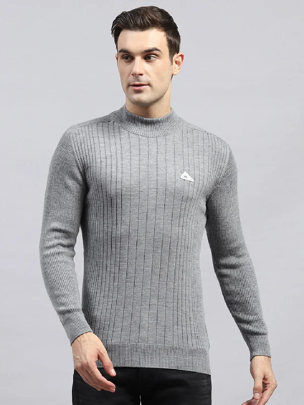 Cozy Fashion Men Grey Solid High Neck Full Sleeve Pullover