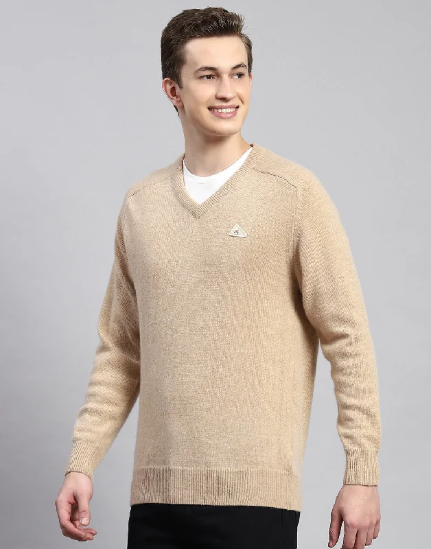 Warm And Comfortable Men Beige Solid V Neck Full Sleeve Pullover