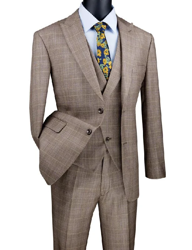 Elegant Dressing Three Piece Glen Plaid Tan Suit