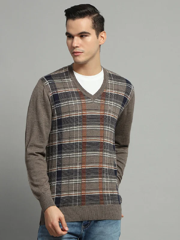 Comfortable And Versatile Men Grey Check V Neck Full Sleeve Pullover