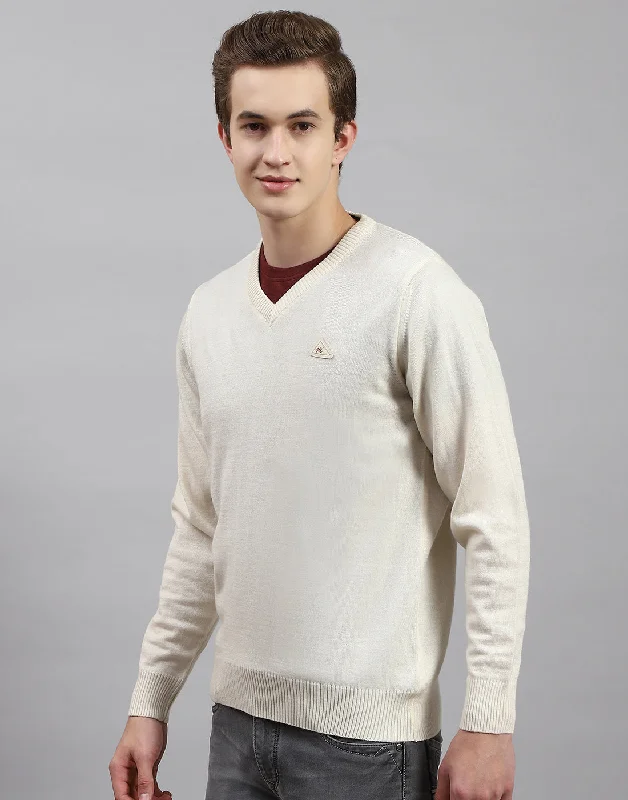 Everyday Chic Men Cream Solid V Neck Full Sleeve Pullover