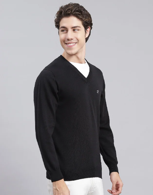 Floral Prints Men Black Solid V Neck Full Sleeve Pullover