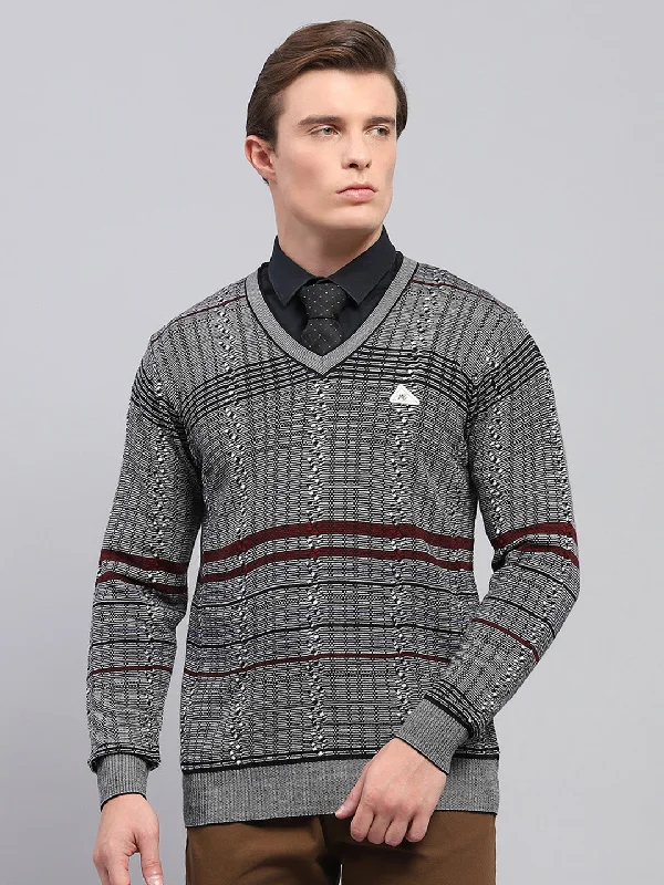 Relaxed Fashion Men Grey Self Design V Neck Full Sleeve Pullover