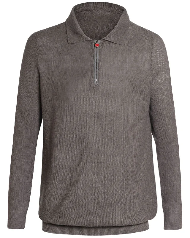 Classic Color Taupe Linen Blend Knit Quarter Zip Sweater