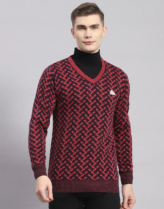 Dynamic Fashion Men Pink Self Design V Neck Full Sleeve Pullover