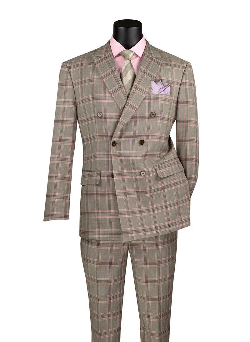 Sports Design Men’s Light Taupe Glen Plaid Double-Breasted Suit - Modern Fit