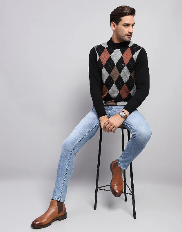Relaxed Looks Men Black Self Design Turtle Neck Full Sleeve Pullover