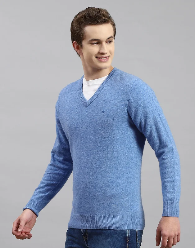 Romantic Temperament Men Blue Solid V Neck Full Sleeve Pullover