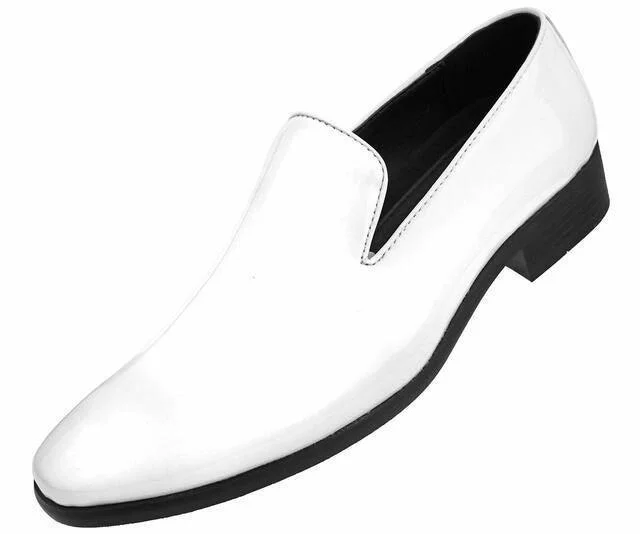 Easy Comfort Style White Slip On Shiny Tuxedo Shoes