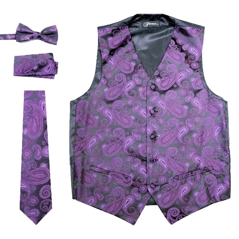 Casual Elegance Ferrecci Mens  Purple/Black Paisley Wedding Prom Grad Choir Band 4pc Vest Set