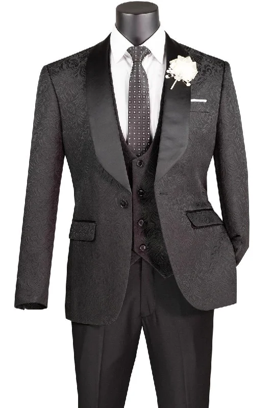 Elegant And Casual Black Jaquard Three Piece Slim Fit Tuxedo