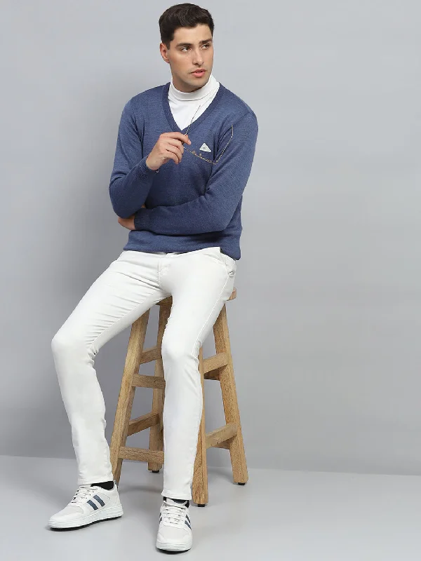 Luxury Style Men Blue Solid V Neck Full Sleeve Pullover