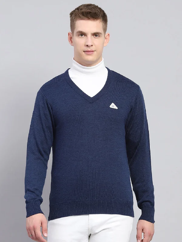 Urban Chic Men Navy Blue Solid V Neck Full Sleeve Pullover