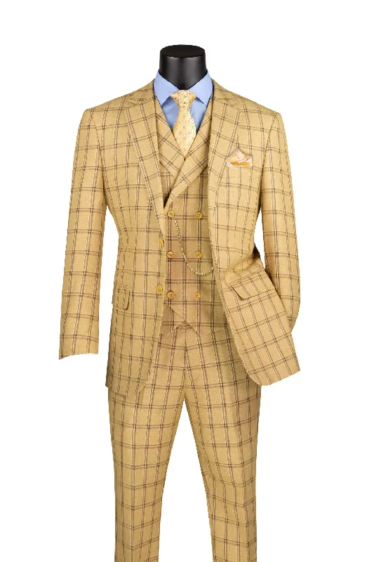 Versatile Items La Scale Collection-Windowpane Three Piece Suit - Tan
