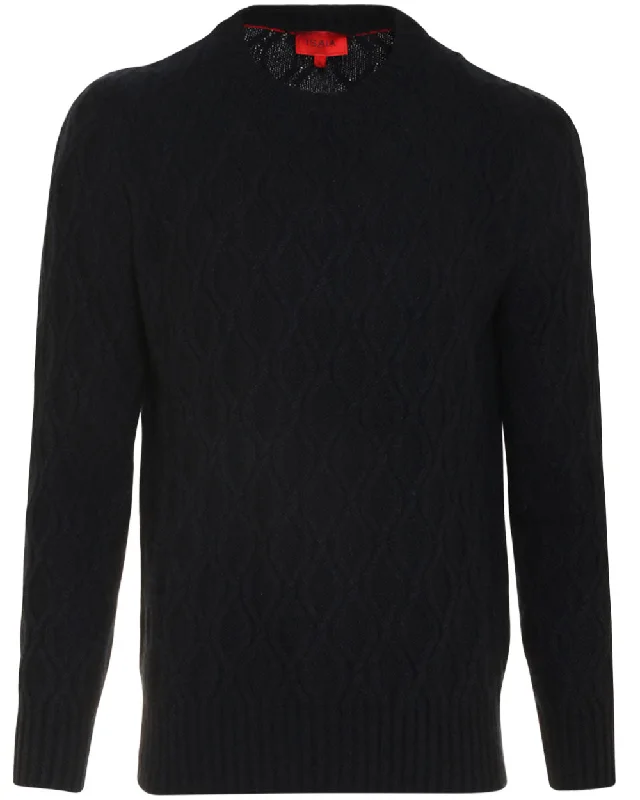 Sports Fashion Dark Blue Cashmere Cable Knit Crewneck Sweater