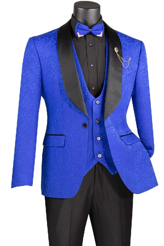 Comfortable And Casual Royal Blue Jaquard Three Piece Slim Fit Tuxedo